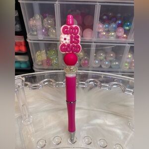 Pink Beaded Pen with 'God is Good' Topper